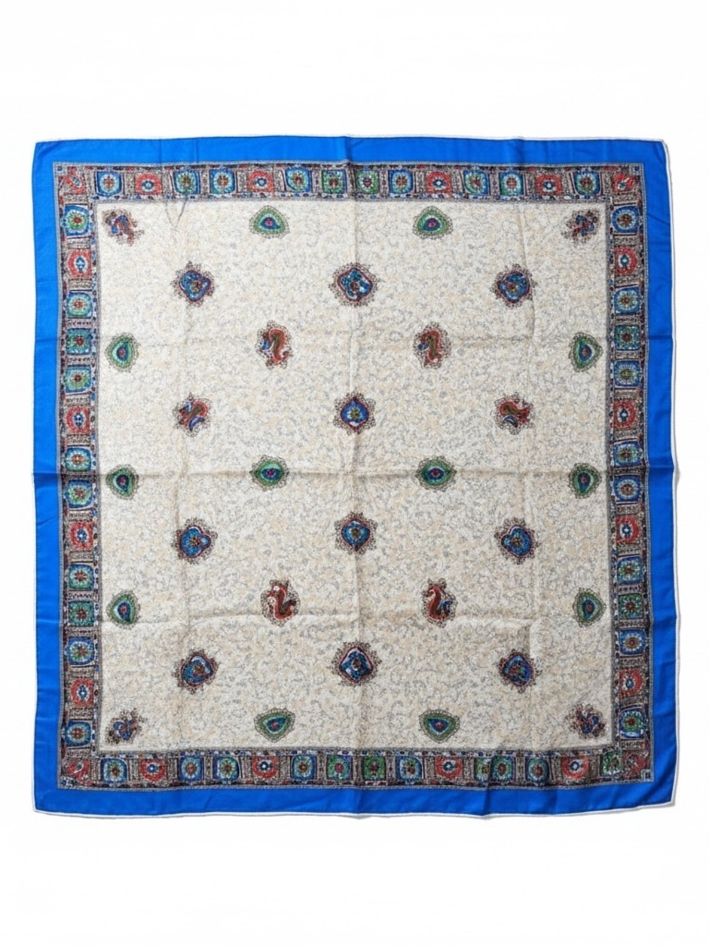 Vintage 70’ Cream Paisley Silk Scarf with Blue Border 27x27